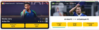 Acompanhe e aposte ao vivo nos jogos de tênis e futebol – odds em tempo real Painel de apostas ao vivo com partidas de tênis e futebol — Roland Garros (Nicolas Jarry vs. Arthur Fils) e Liga Saudita (Al-Hilal FC vs. Al Qadisiya FC)